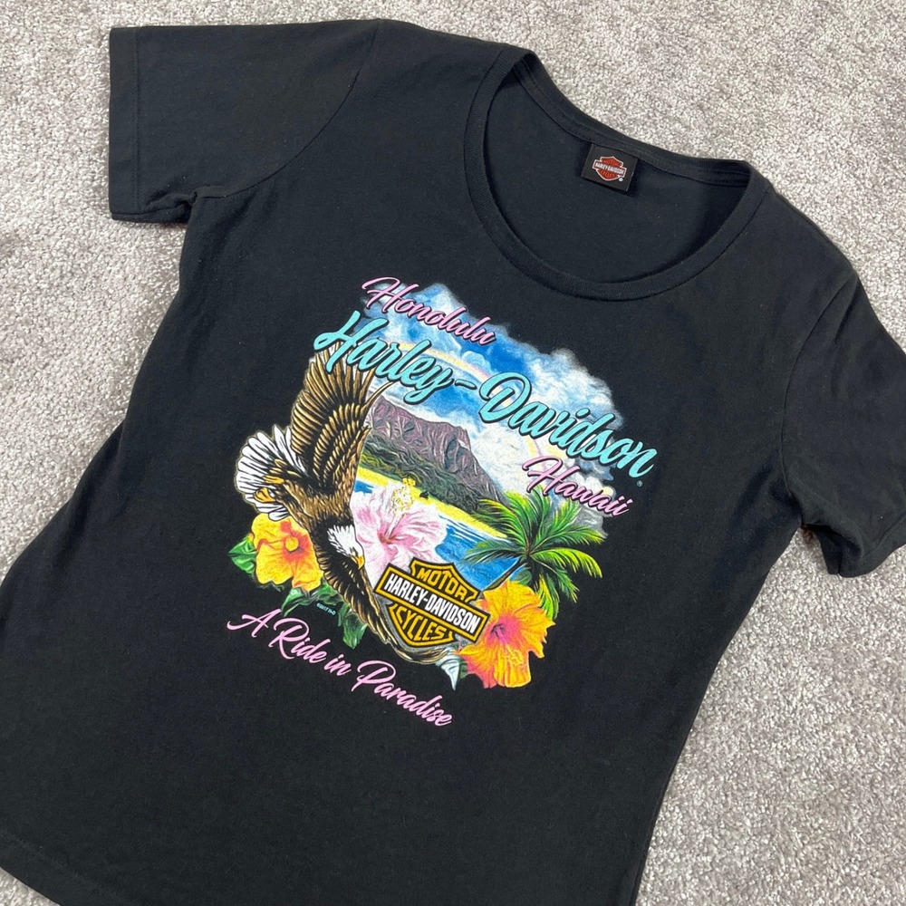 Harley Davidson T Shirt Womens Small Honolulu Hawaii Eagle‎ Hibiscus Paradise